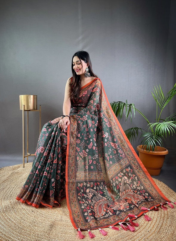 थंबनेल: RANG BHOOMI - MALAI COTTON SAREE WITHKALAMKARI PRINT - LILLEMART.COM