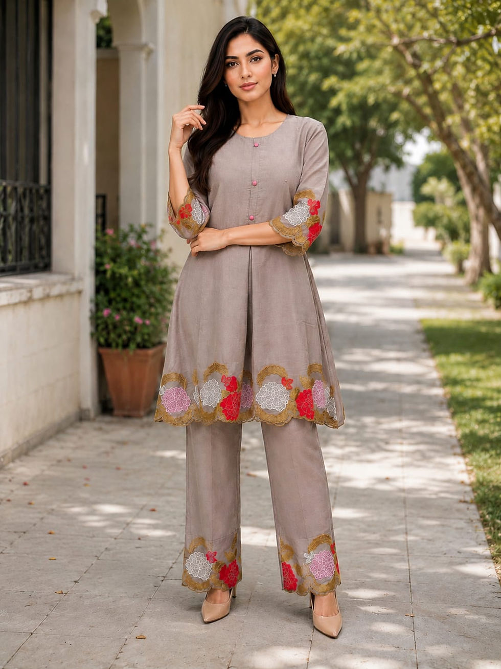 Thumbnail: RANG BHOOMI - PREMIUM MUL CHANDERI EMBROIDERED CORD SET - LILLEMART.COM