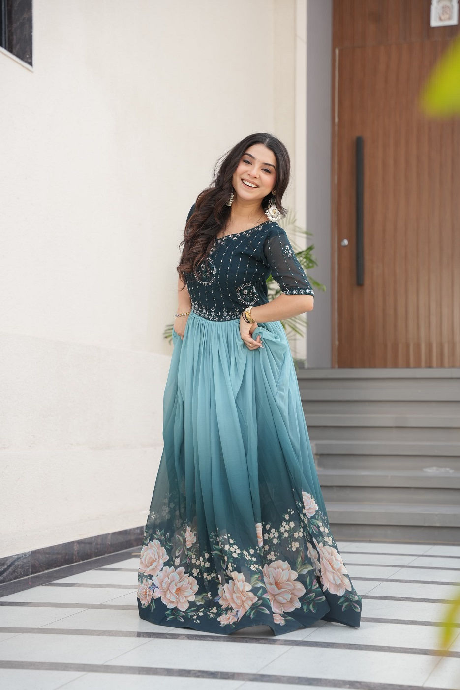 Thumbnail: RANG BHOOMI - COLOUR BLENDED FAUX BLOOMING GOWN  - LILLEMART.COM