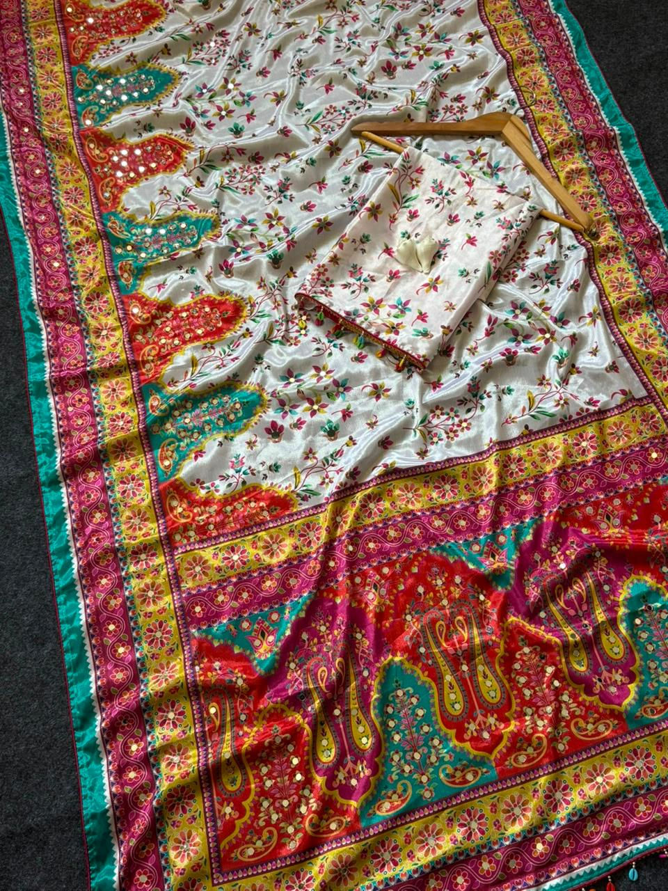 थंबनेल: RANG BHOOMI - TRADITIONAL MIRROR WORK SAREE WITH ELEGANT PIPING BORDER - LILLEMART.COM