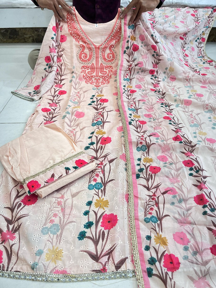 Thumbnail: RANG BHOOMI - SOFT LINEN SCHIFFLI SUIT - LILLEMART.COM