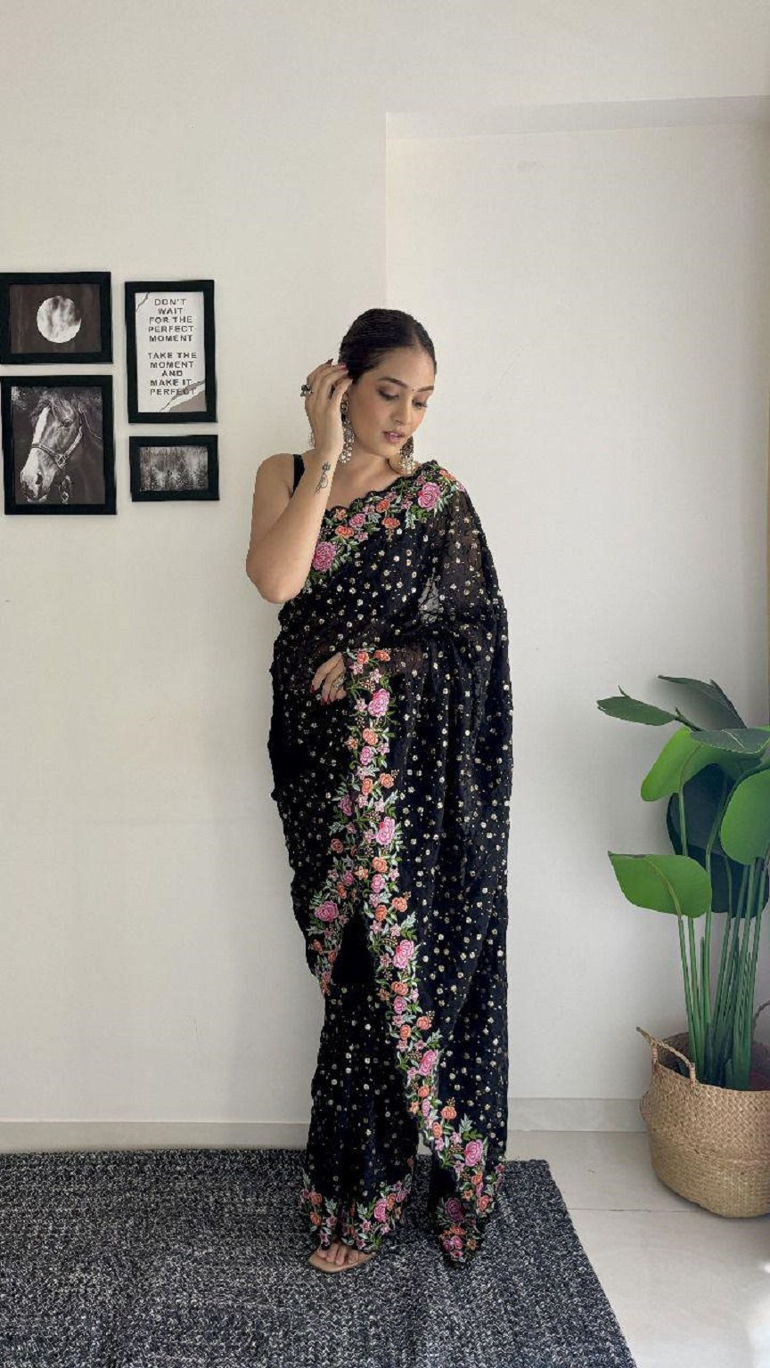Thumbnail: GEORGETTE SAREE WITH FLORAL EMBROIDERY - LILLEMART.COM