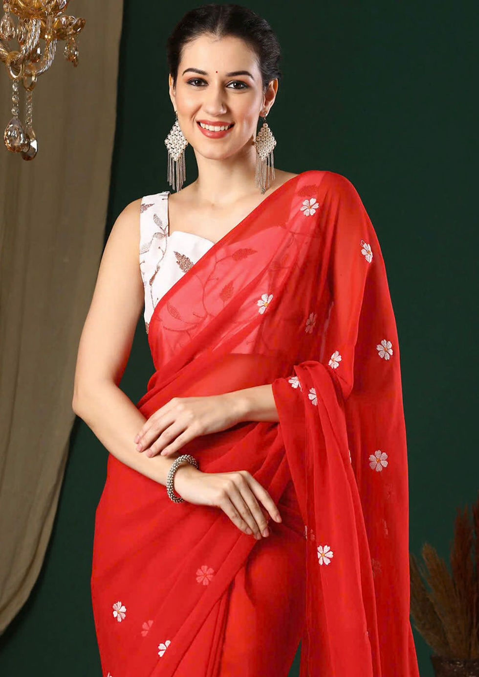 RANG BHOOMI - PLAIN GEORGETTE SAREE WITH FLOWER EMBROIDERY