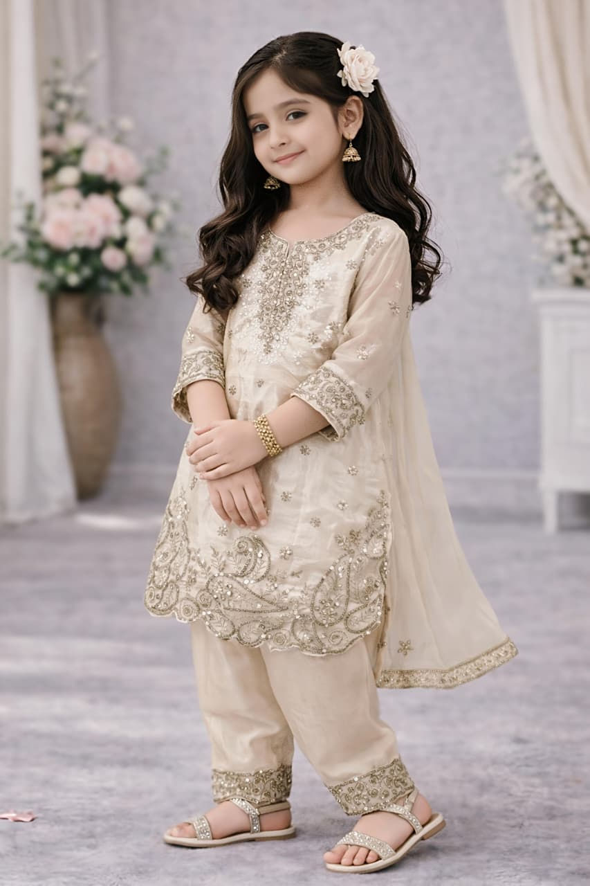 RANG BHOOMI - CHILDRENS PURE GMY SILK EMBROIDERED TOP, PALAZZO & DUPATTA SET - LILLEMART.COM