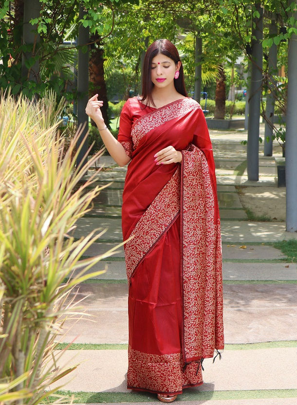 Thumbnail: RANG BHOOMI - BANGALORE HANDLOOM RAW SILK, KALAMKARI WEAVE SAREE - LILLEMART.COM