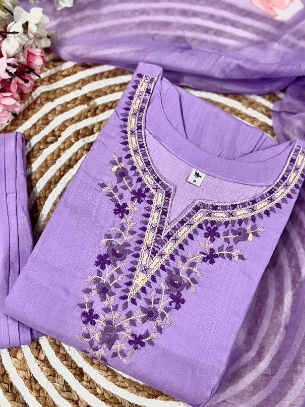 थंबनेल: RANG BHOOMI - RAYON SLUB LAVANDER EMBROIDERED SUIT - LILLEMART.COM