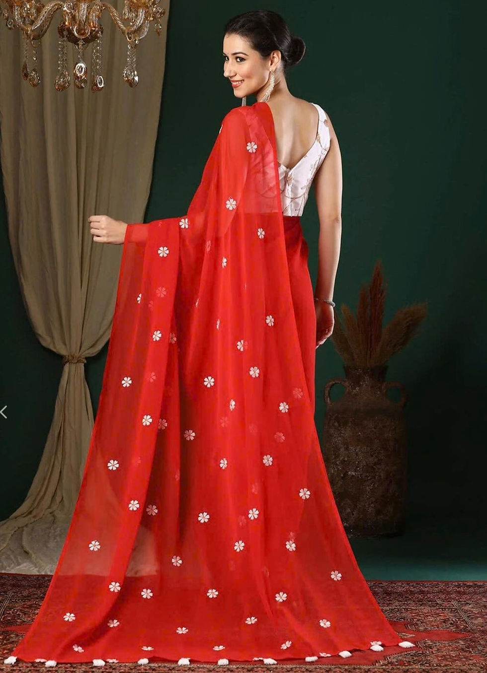 RANG BHOOMI - PLAIN GEORGETTE SAREE WITH FLOWER EMBROIDERY - LILLEMART.COM