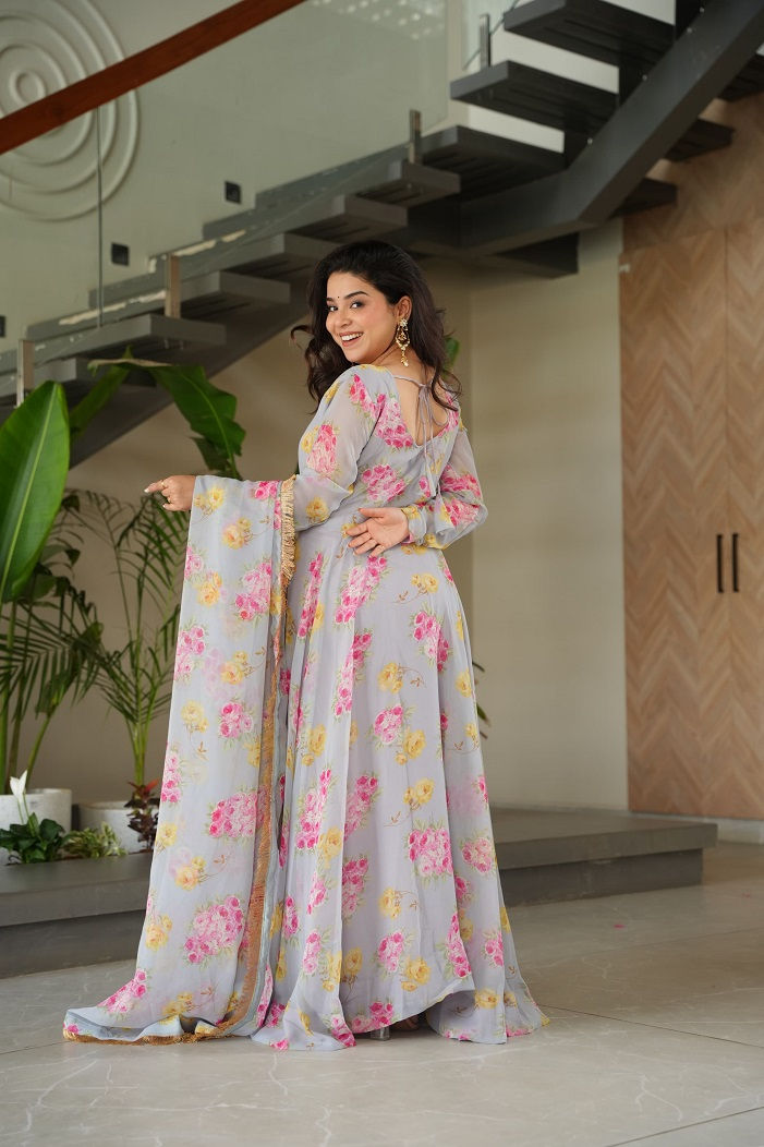 थंबनेल: RANG BHOOMI - PREMIUM FLOWERY FAUX GEORGETTE GOWN - LILLEMART.COM