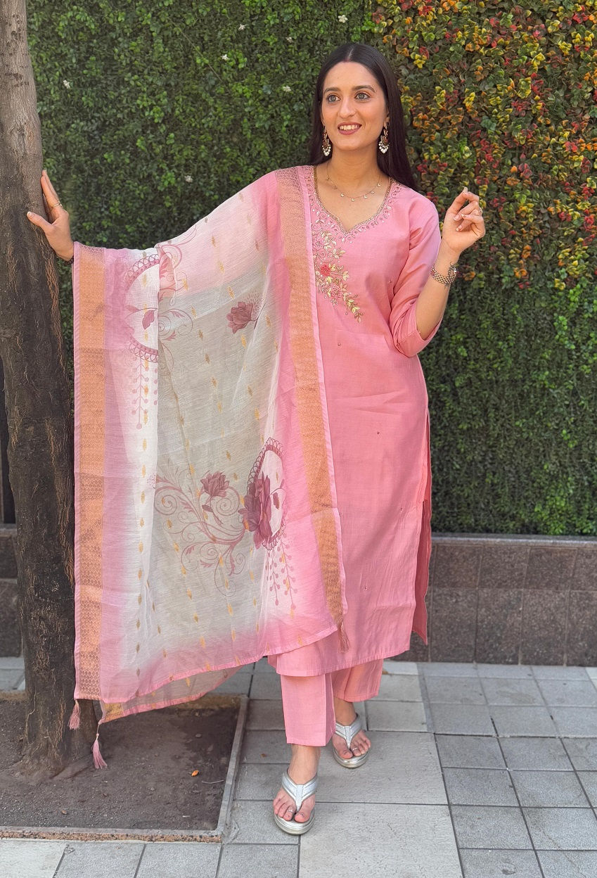 Thumbnail: RANG BHOOMI - PINK ROMAN SILK SALWAR SET - LILLEMART.COM