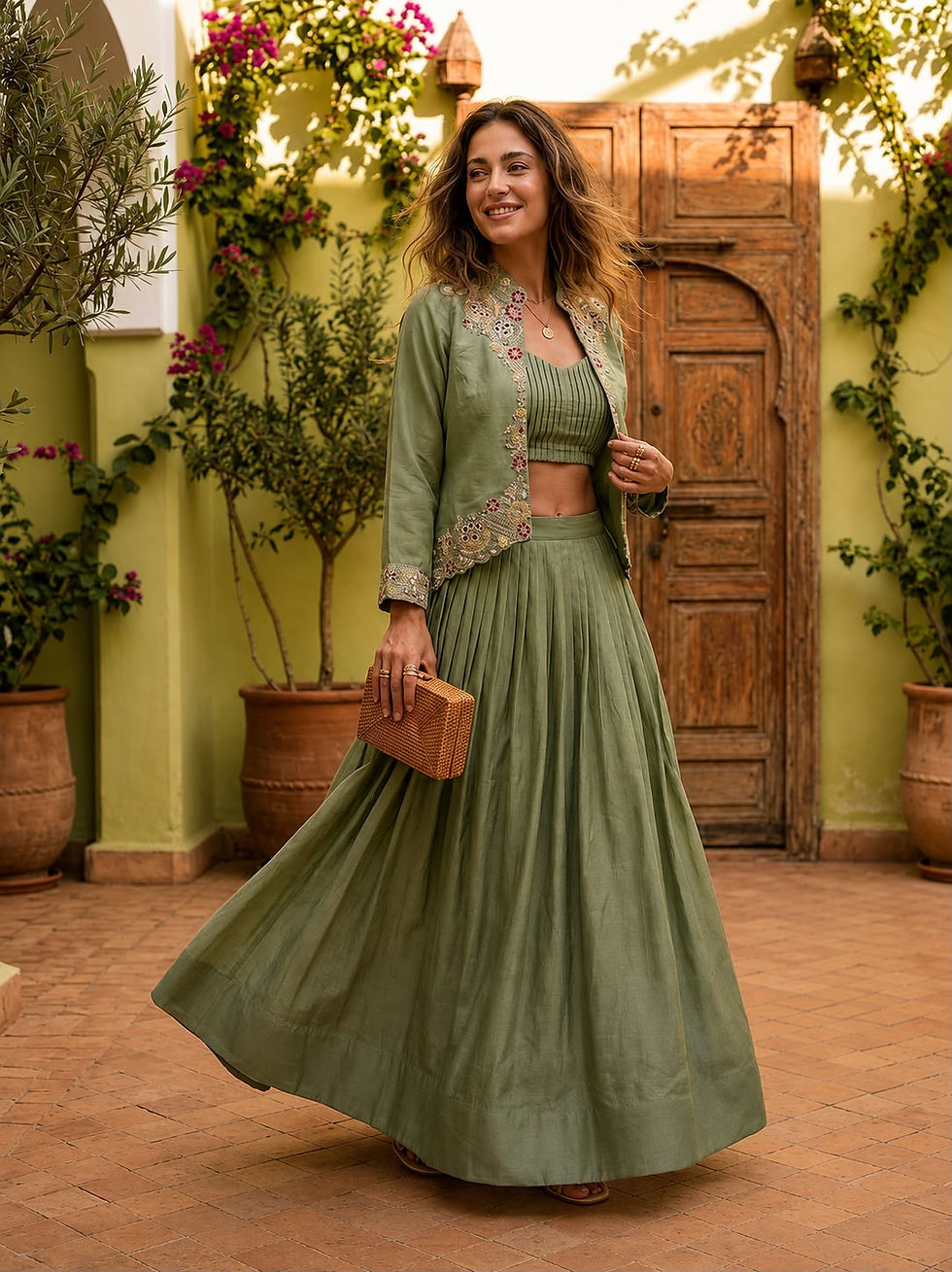 थंबनेल: RANG BHOOMI - PREMIUM ZAZU SILK LEHENGA WITH EMBROIDERED JACKET - LILLEMART.COM