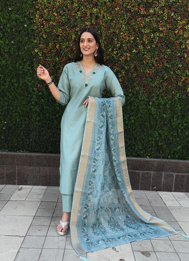 Thumbnail: RANG BHOOMI - SEA GREEN ROMAN SILK KURTI SET - LILLEMART.COM