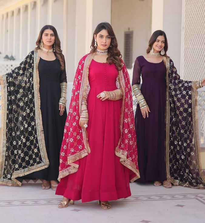 Thumbnail: RANG BHOOMI -  HEAVY EMBROIDERY FAUX BLOOMING GOWN - LILLEMART.COM