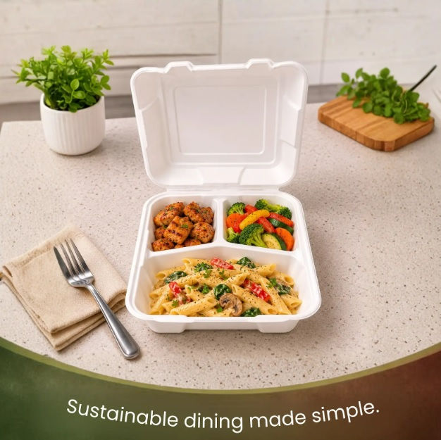 ECO AAROYAA | BAGASSE CLAMSHELL 8X8 - 3 CP | PACK OF 25