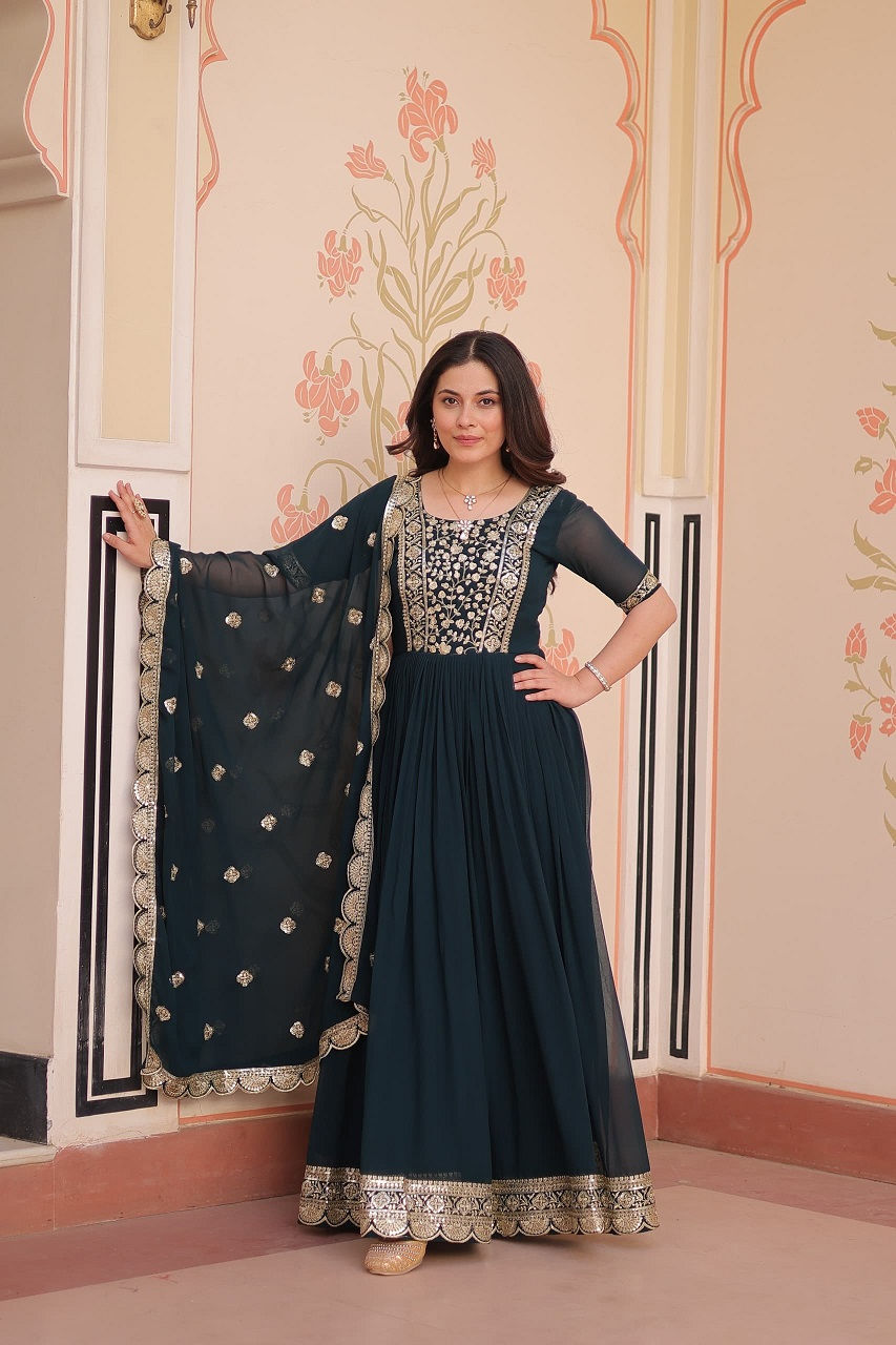Thumbnail: RANG BHOOMI - FAUX BLOOMING GEORGETTE GOWN WITH EMBROIDERED BORDER - LILEMART.COM