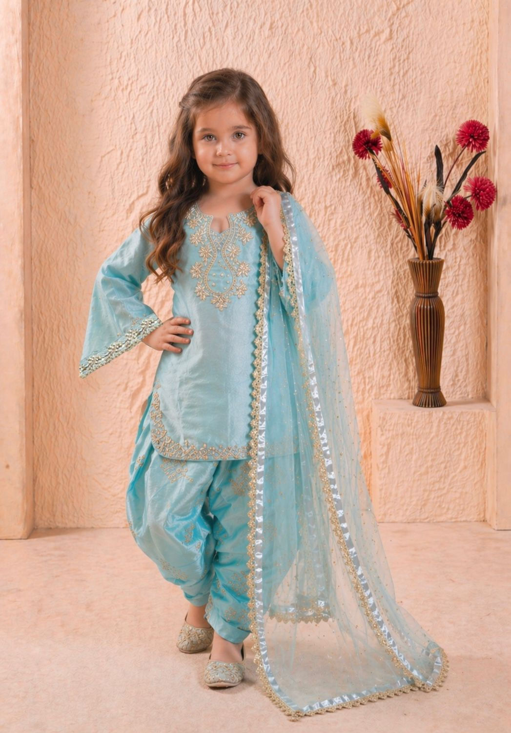 RANG BHOOMI - CHILDRENS DESIGNER PARTY WEAR TOP, FARSHI PALAZZO & DUPATTA SET - LILLEMART.COM