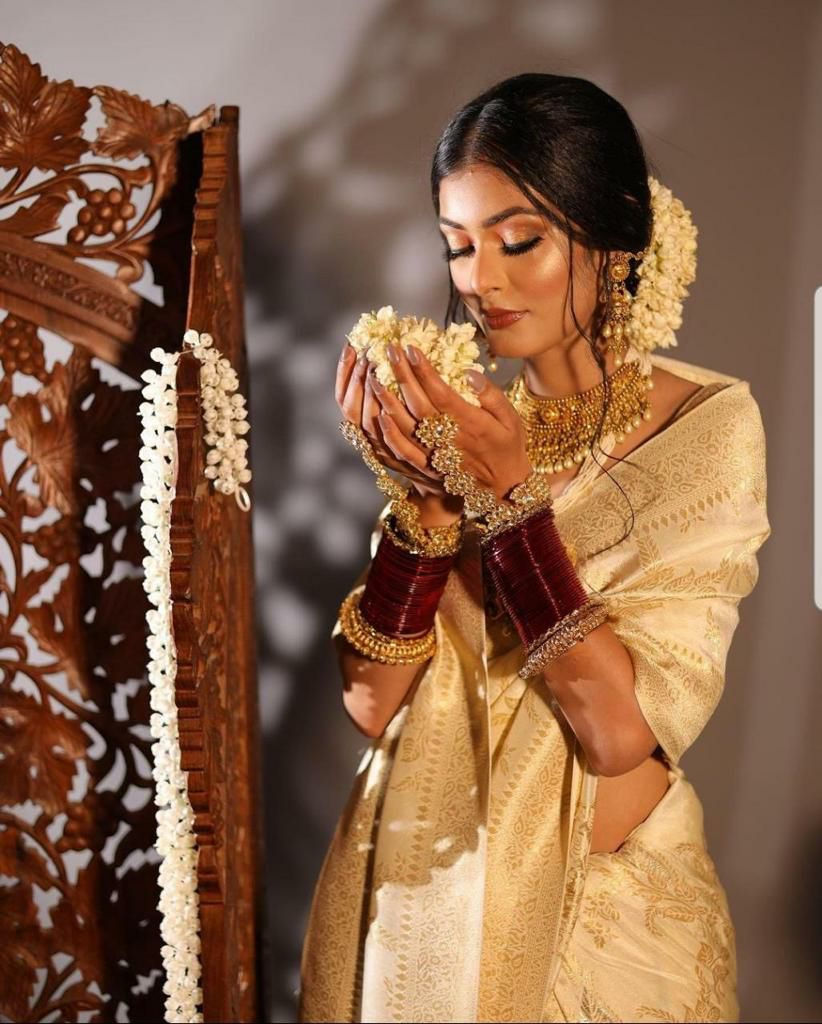 Thumbnail: UNITOPIA - RICH GOLDEN BEIGE SOFT LITCHI SILK SAREE - LILLEMART.COM
