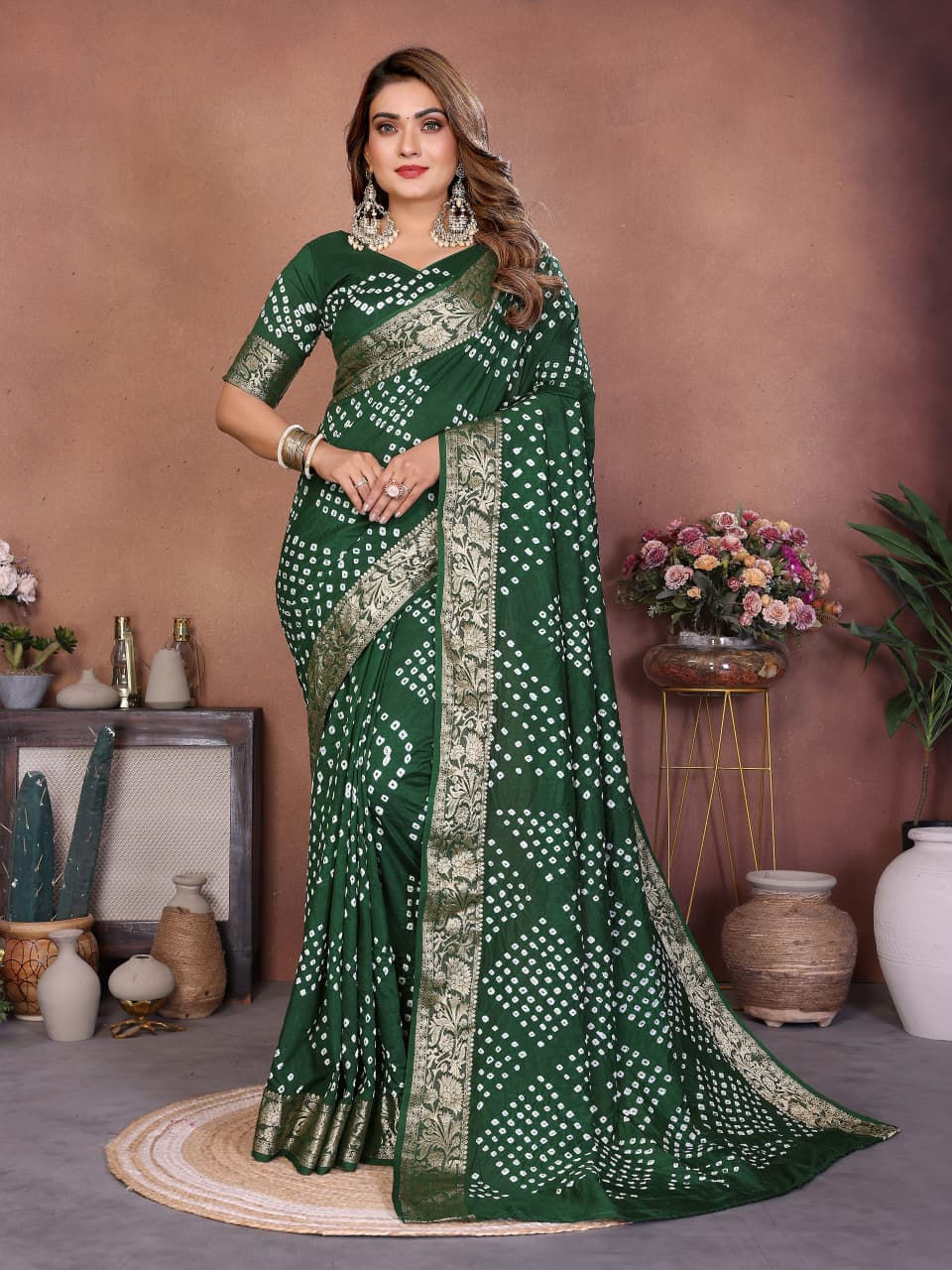 Thumbnail: RANG BHOOMI - PURE HANDMADE BANDHEJ DOLA SILK SAREE - LILLEMART.COM