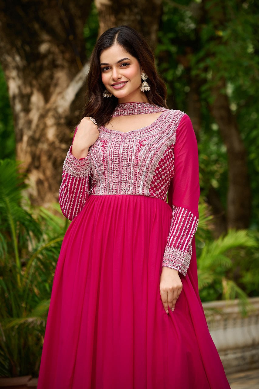 Thumbnail: RANG BHOOMI - STAR GEORGETTE GOWN WITH EMBROIDERY BEADS  - LILLEMART.COM