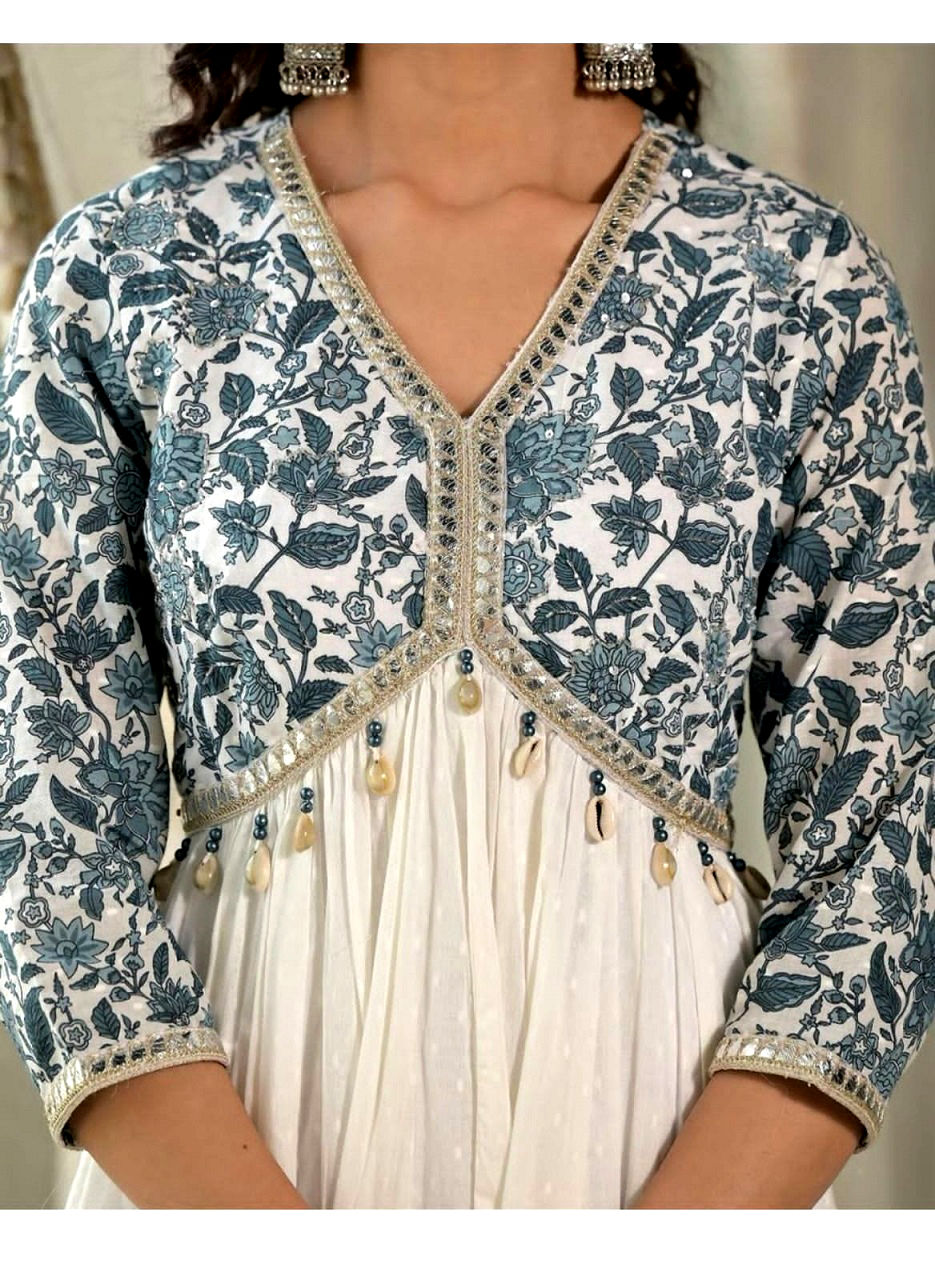 Thumbnail: RANG BHOOMI - WHITE ALIA CUT FLAIR KURTI SET - LILLEMART.COM