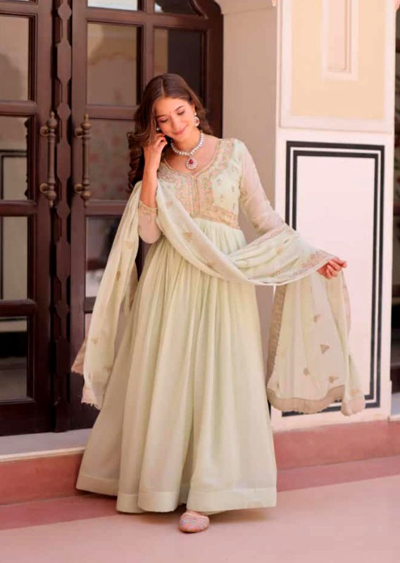 थंबनेल: RANG BHOOMI - PREMIUM FAUX BLOOMING STAR GEORGETTE GOWN - Lillemart.com