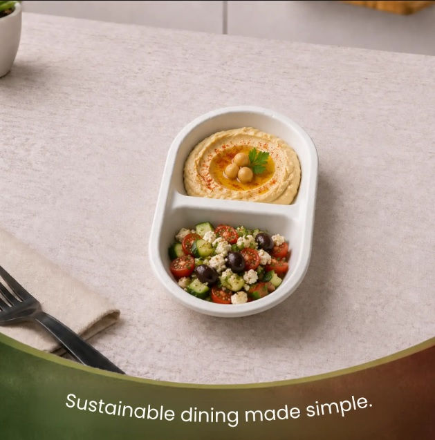 Thumbnail: ECO AAROYAA - BAGASSE DISPOSABLE OVAL PLATES | 2 COMPARTMENT - LILLEMART.COMT