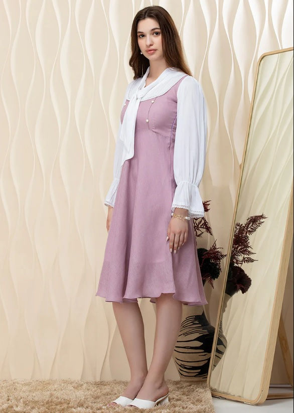 Thumbnail: HOUSE OF ABEENA - MAUVE MIST WITH NECK TIE MIDI DRESS - BUYBAY.IN
