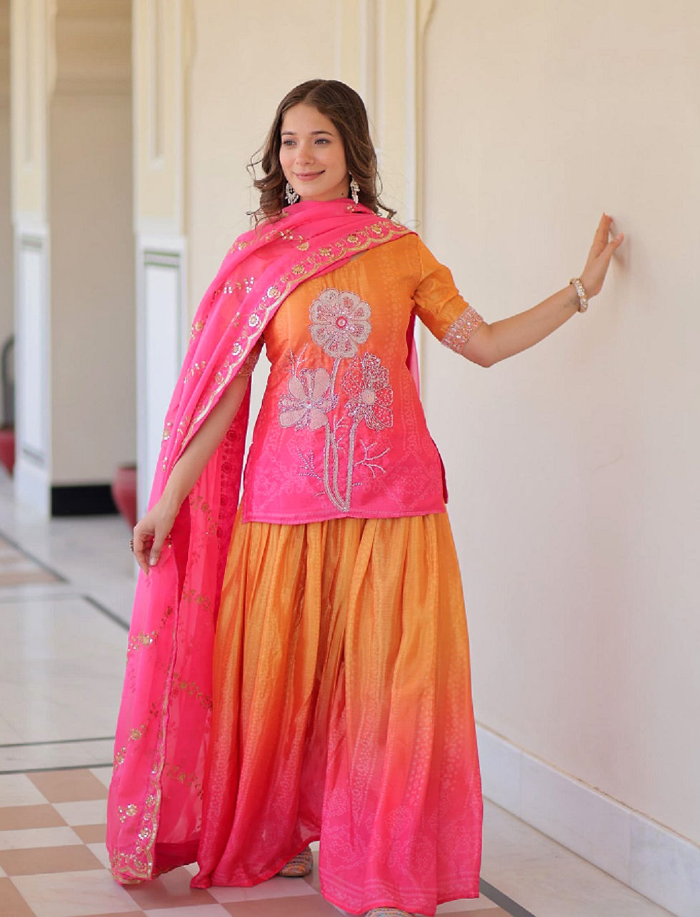 थंबनेल: RANG BHOOMI - CHINON SHARARA SUIT WITH BEADS EMBROIDERY - LILLEMART.COM