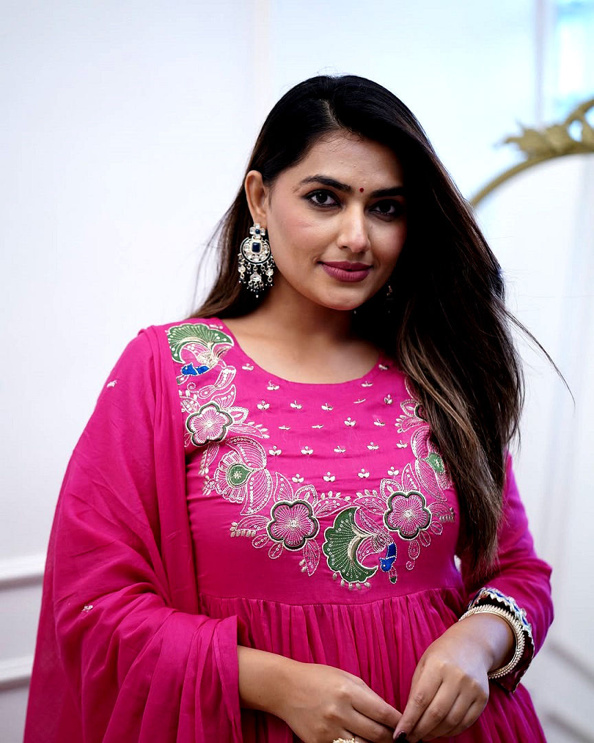 Thumbnail: RANG BHOOMI - PINK ANARKALI SUIT WITH FLORAL EMBROIDERY - LILLEMART.COM