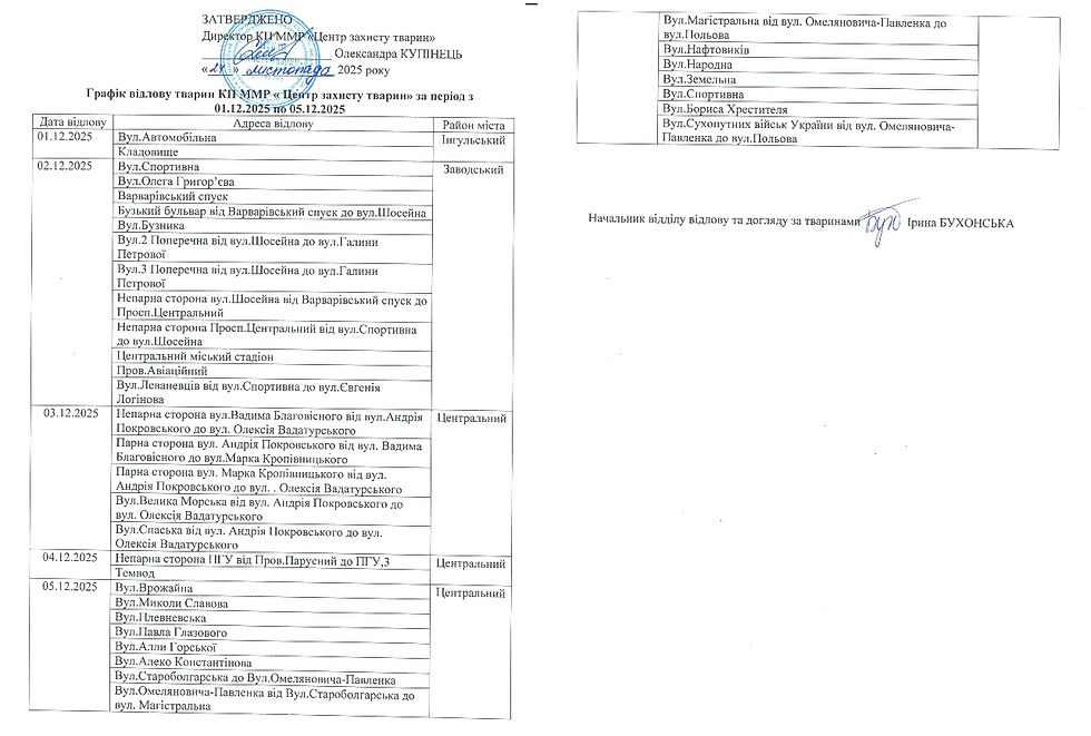 Графік відлову з 01.12.2025 по 05.12.2025