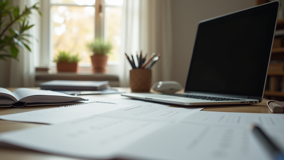 Eye-level view of a neatly organized workspace with a laptop and stationery
