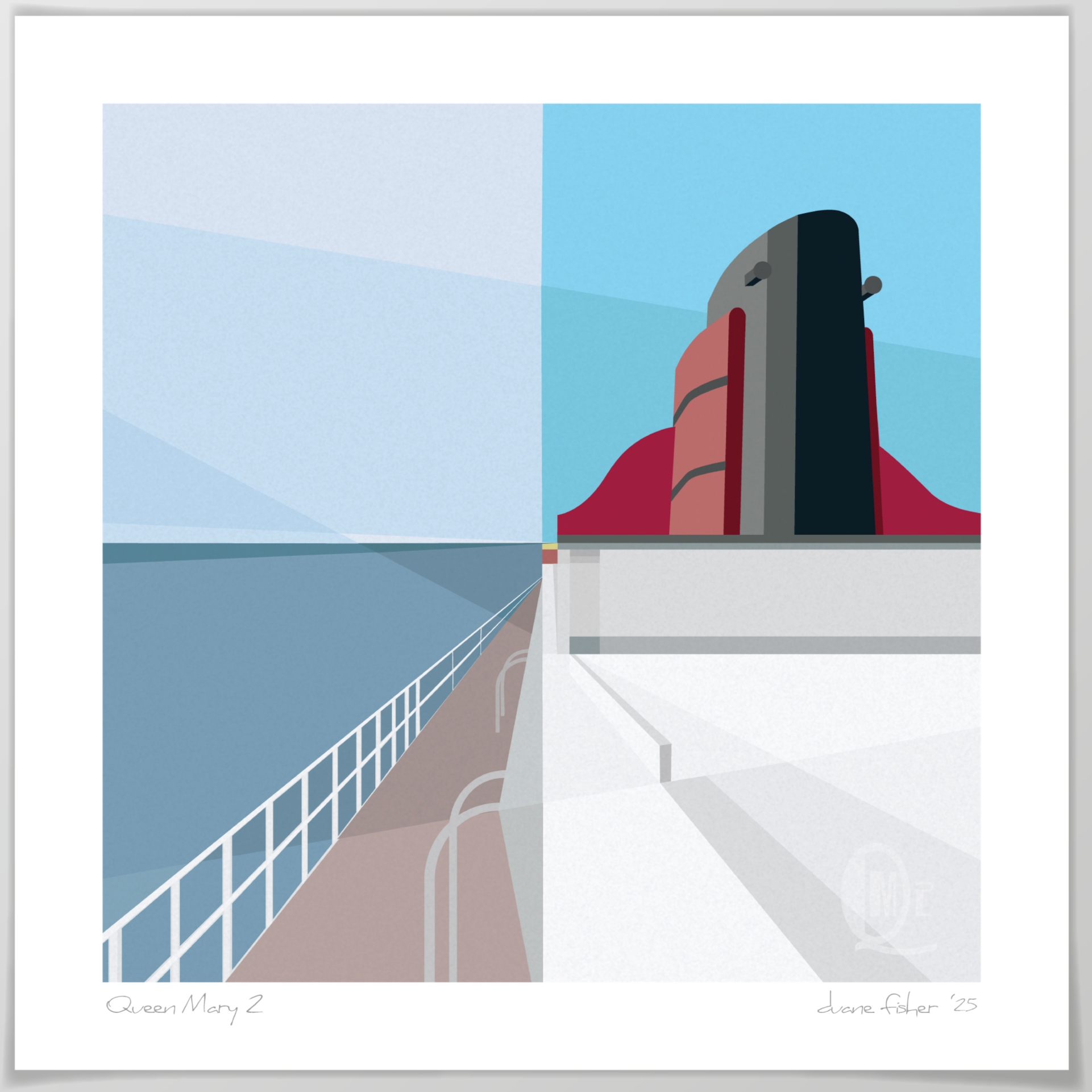 Stylized poster of the Queen Mary 2 cruise ship crossing the Atlantic.