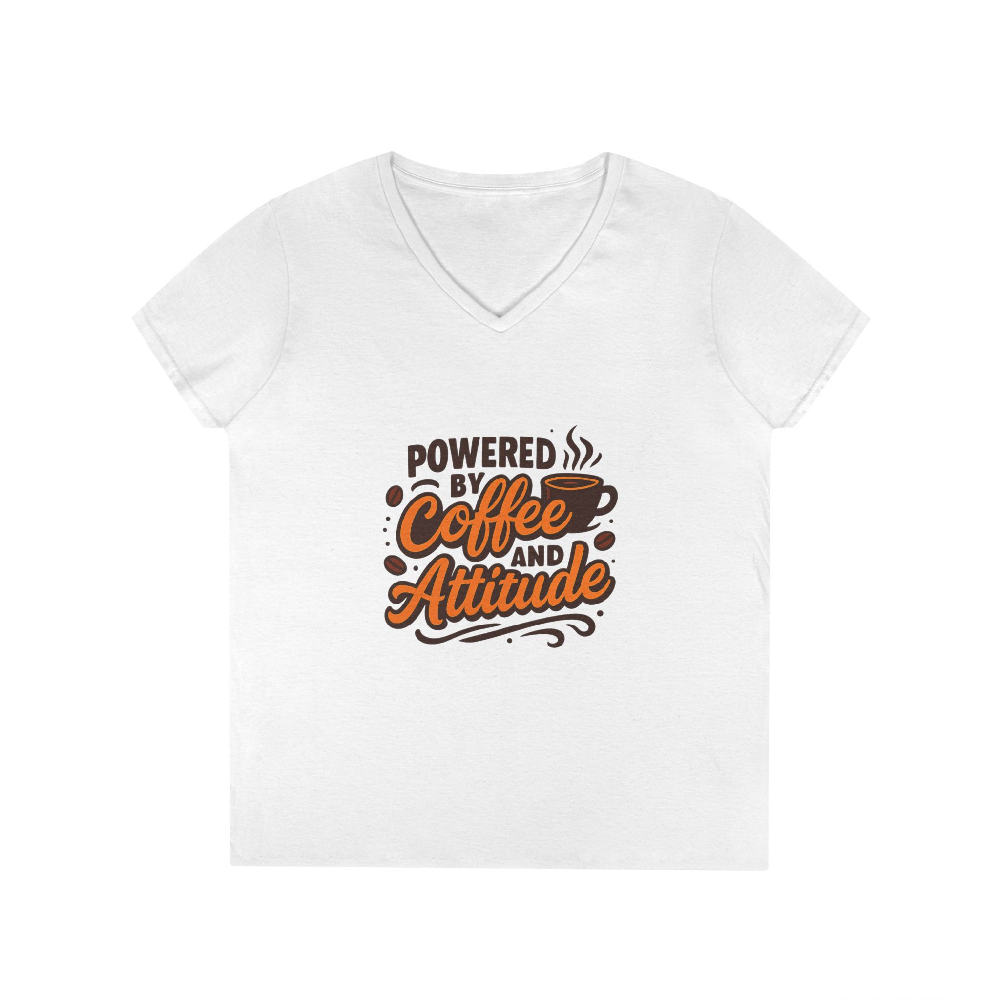 Tee V-Neck "Powered by Coffee and Attitude"