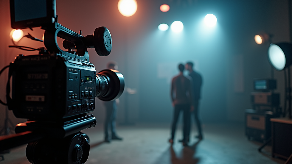 Eye-level view of a professional video camera set up in a studio