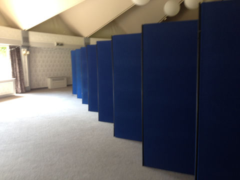 row of blue poster boards