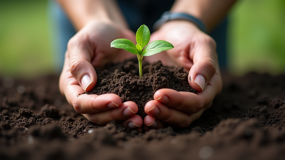 Close-up view of hands holding a small plant in soil