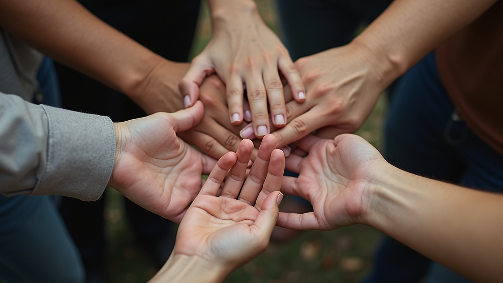 Close-up view of a circle of hands joined together in support
