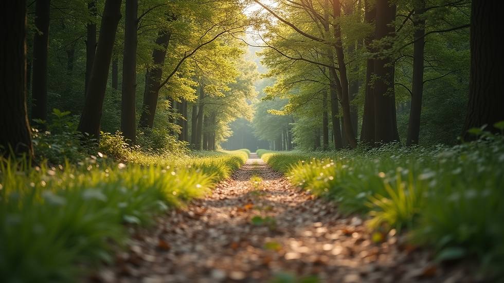 Eye-level view of a serene nature path surrounded by trees