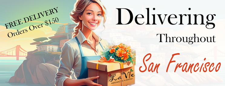 Woman holding a package with flowers on top labeled La Vie . The background is the city of San Francisco. The text shows Delivering Throughout San Francisco as well as Free Delivery on orders over $150