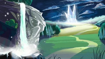 A beautiful waterfall in the foreground. Green hills with a path lead to a shining diamond citadel in the background. 