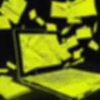 papers, files and folders coming out of the screen of a laptop, neon yellow on black backg