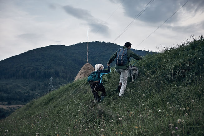 Couple Hiking with Their Dog
