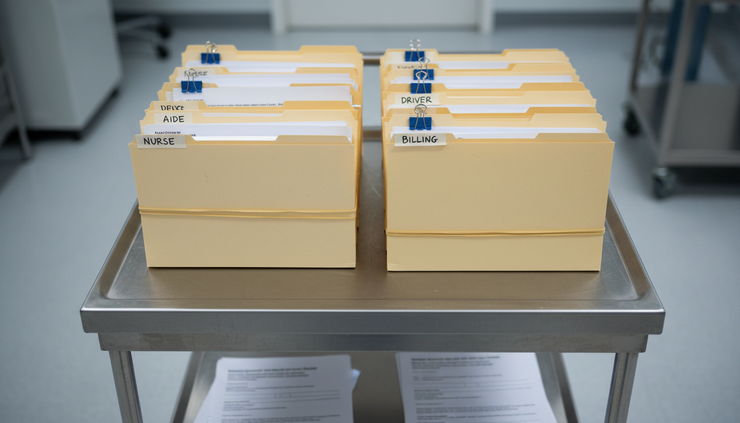 Overhead view of organized paper folders labeled by healthcare role on a metal cart