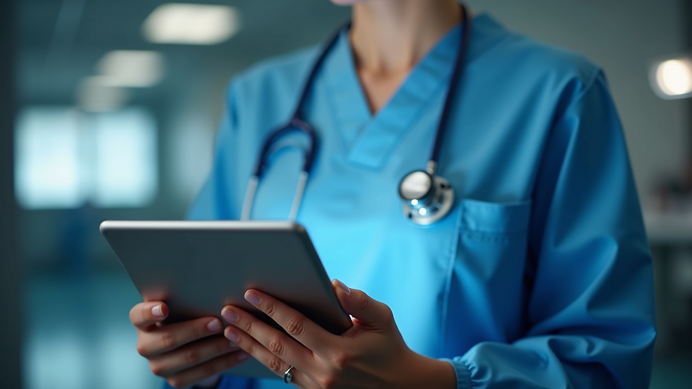 Close-up view of a healthcare professional using a tablet with AI hiring software