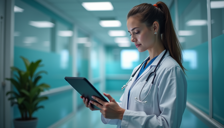 Eye-level view of a healthcare professional verifying credentials on a tablet