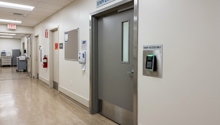 Eye-level view of a hospital badge scanner at a staff entrance