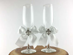 Crystal Fleur de Lis Ribbon Toasting Glasses- Custom Colors!