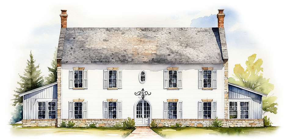 Watercolor rendering of a Two-story Georgian style home with rustic farmhouse detailing