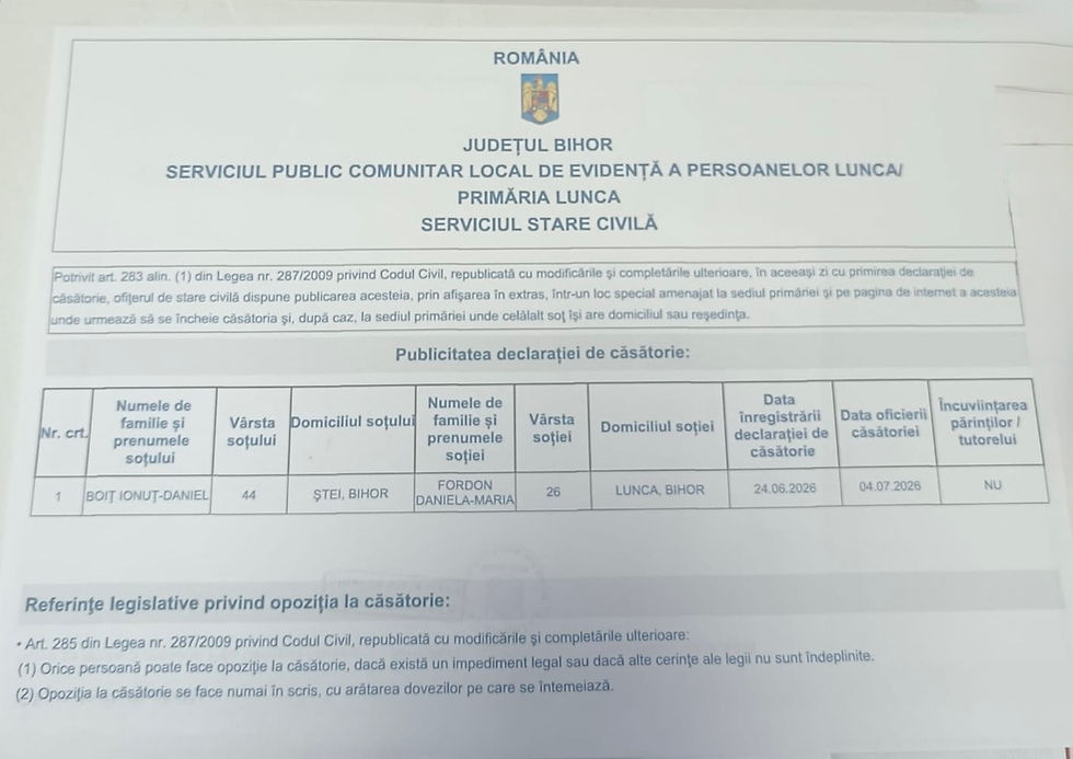 Anunț publicare declarație de căsătoriePRIMĂRIA COMUNEI LUNCA