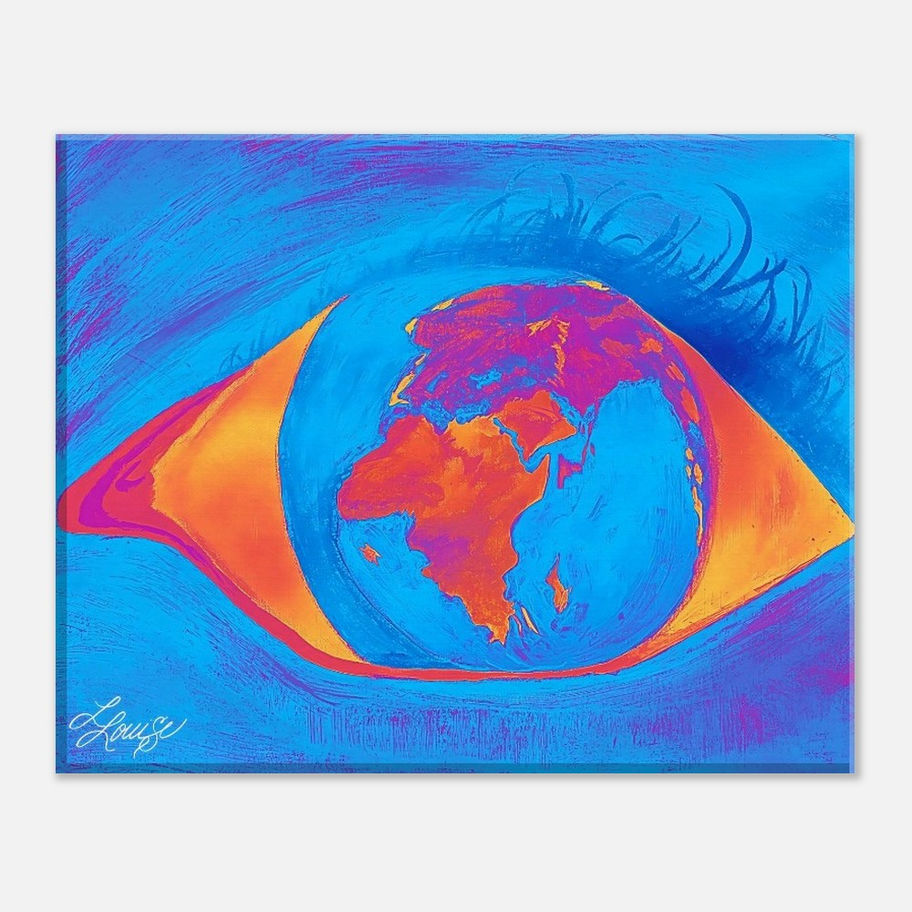 Abstract eye canvas art with Earth in cool blue and teal tones, balanced modern wall art