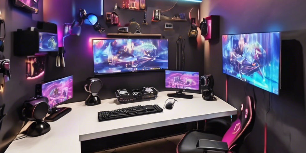 Live-streaming game room setup with computer monitors, and desk chair.